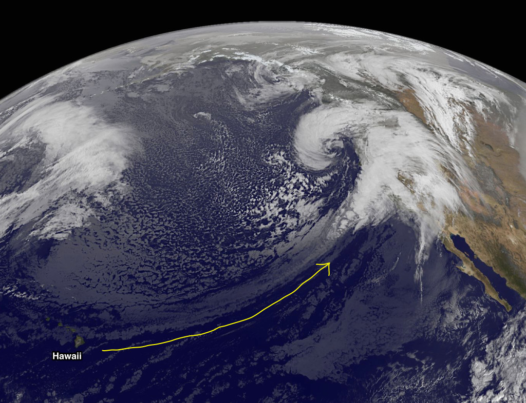 Satellite image showing narrow band of clouds stretching from Hawaii to California