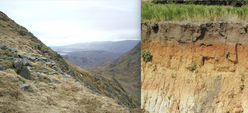steep rocky slope on left, soil profile on right
