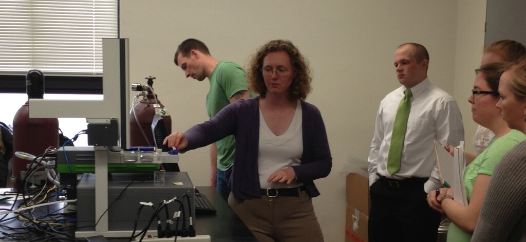 Woman points at computer screen in a lab, while other people look on